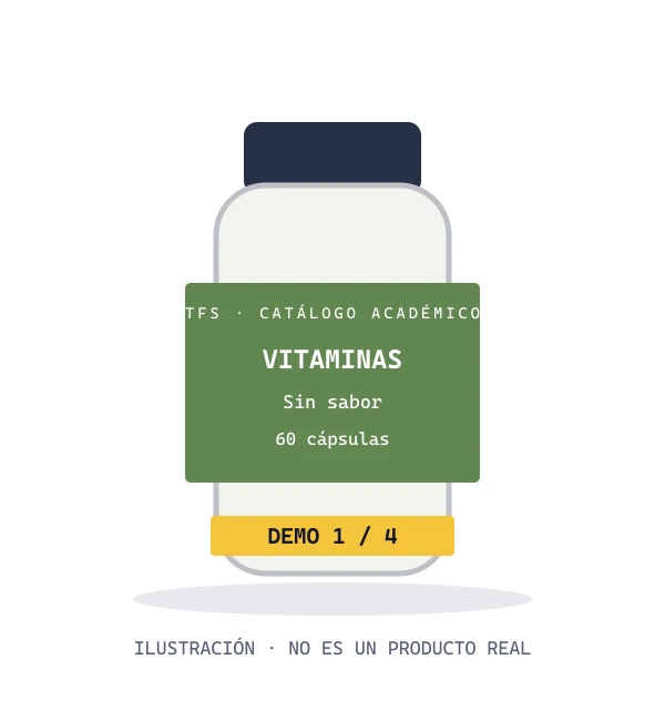 Ilustración de demostración de Multivitamínico en cápsulas; no es una fotografía de un producto real.